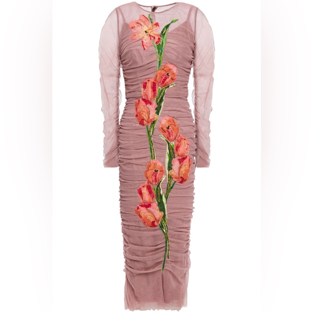 Dolce & Gabbana floral-appliquéd ruched tulle midi dress